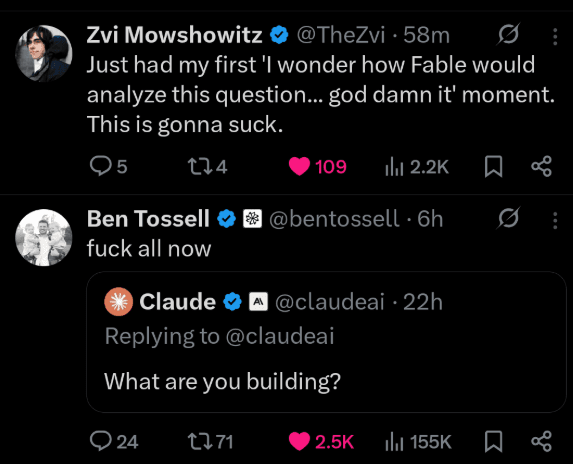 Twitter reacts to losing Fable: Claude asks "What are you building?", the reply is "fuck all now"